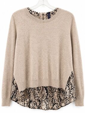 NYDJ Snake Print Layered Sweater Beige Cashmere Blend Mixed Media Top Small